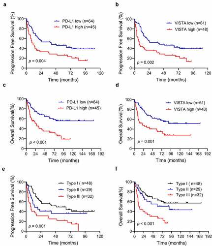 Figure 2. Kaplan-Meier survival curves for progression-free survival (PFS) and overall survival (OS) of patients with ENKTCL according to PD-L1 and VISTA expression. A-B. PFS for ENKTCL patients based on PD-L1 (a) and VISTA (b) expression. C-D. OS for ENKTCL patients based on PD-L1 (c) and VISTA (d) expression. E-F. PFS (e) and OS (f) for ENKTCL patients based on combination of PD-L1 and VISTA expression. Type I, PD-L1low/VISTAlow; Type II, PD-L1low/VISTAhigh or PD-L1high/VISTAlow; Type III, PD-L1high/VISTAhigh