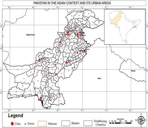 Figure 1. Pakistan in the Asian context and its urban areas.