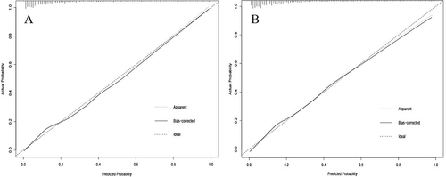 Figure 5 Calibration curve of the dynamic nomogram based on the data of training set (A) and validation set (B).