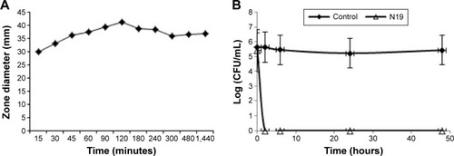Figure 6 (A) Fungicidal effect of N19-related in vitro release study; (B) Time-dependent fungicidal effects of N19.