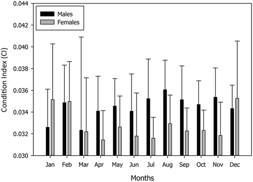 FIGURE 4. Mean condition index of males (black bars) and females (gray bars) of C. aestuarii from Parila Lagoon (Neretva Estuary, Croatia). Error bars represent SDs of the monthly mean condition index.