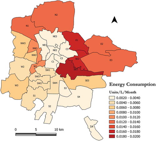 Figure 6. The spatial pattern of energy consumption in BWSSB subdivisions.