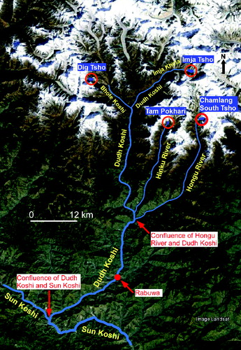 Figure 13. View from Chamlang South Tsho to areas about 100 km downstream, including Rabuwa, a settlement where a feasibility study for a 300-MW hydropower plant has been carried out. Two GLOF-occurred lakes (Dig Tsho and Tam Pokhari) and Imja Tsho, a repeatedly cited potentially dangerous glacial lake, along with river systems in the area are shown.