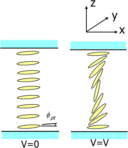 Figure 15. Image of liquid crystal director configuration. Where the initial condition of the LC director at z = 0 and z = d is tilted to a pretilt angle, the electric field is applied to the z direction. Under voltage application above threshold voltage Vth, director deformation has occurred (©2024 JJAP).