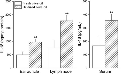 Figure 1. IL-18 content 1 week after sensitization. Mice were orally administered fresh olive oil (POV = 0.92 ± 0.21 mEq/kg) and oxidized olive oil (POV = 50.5 ± 1.51 mEq/kg) 7 days from OXA-sensitization. Fresh olive oil (Display full size) and oxidized olive oil (Display full size). The values are mean ± SD (n = 5). **p < .01 vs. the fresh olive oil group.