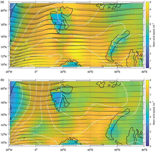 Figure 4. Spring mean wind speed in m∙s−1 (colour scale), wind direction (black arrows with the length relative to the wind speed) and mean sea-level pressure in mbar (white lines) in the Greenland and Barents seas, obtained from surface ERA-Interim data: (a) for days with temperature inversion; (b) for days without temperature inversion.