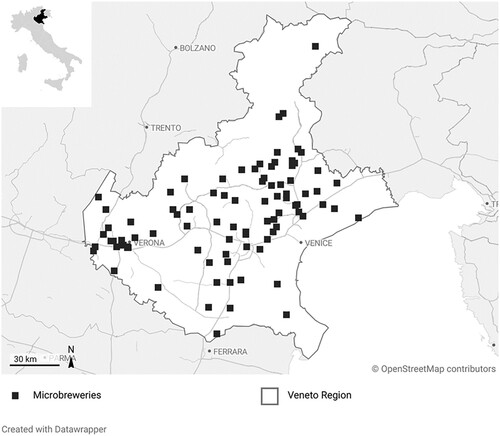 Figure 4. The location of the sample of identified microbreweries Veneto (Italy).