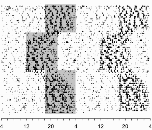 FIGURE 4.  Changes of the circadian activity rhythm of WT hamsters following a single shortening or lengthening of the dark time by 6 h. All 17 animals resynchronized their activity rhythms to the advanced and the delayed LD zeitgeber. For further details, see Figure 1.