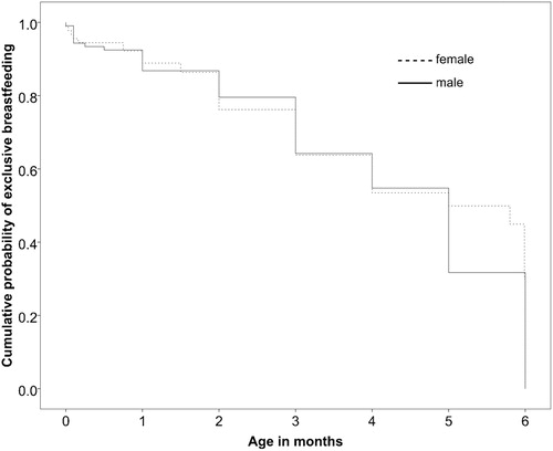 Figure 2. Cumulative probability of exclusive breastfeeding (survival function)