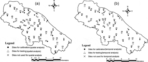 Figure 2. Locations of calibration, testing and discarded sites used for (a) spatial models and (b) temporal models.