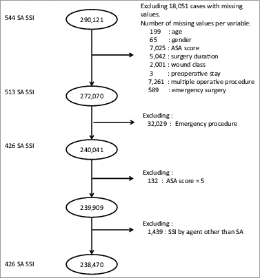 Figure 1. Flow chart of hospitalizations in the French SSI Surveillance Network during the period 2008–2011. Abbreviation: SA SSI: surgical site infections by Staphylococcus aureus. The right side of the figure reports successively excluded observations, and the left side, the remaining numbers of SA SSI.