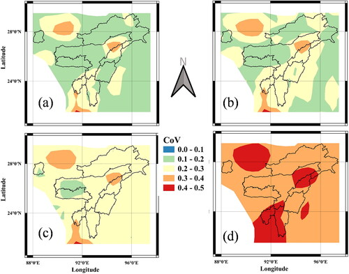 Figure 12. Spatial variation in CoV of seismic hazard level for 2% probability in 50 years for SC A. (a) PGA (b) Sa at 0.1 s (c) Sa at 0.2 s (d) Sa at 1 s.