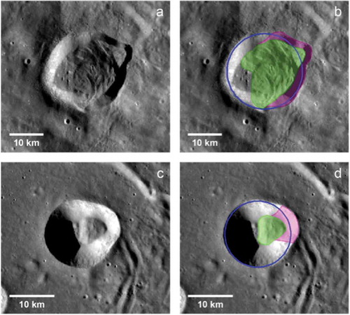 Figure 2. Examples of landslides mapped in two lunar craters. Figures (a) and (b) portray Gerasimovich D; (c) and (d) Cassini A craters. The blue circle approximates the crater rim; purple and green shaded areas are the landslide scarp and deposit, respectively. Credits: (Brunetti et al., Citation2015) and NASA/Goddard Space Flight Center/ASU.