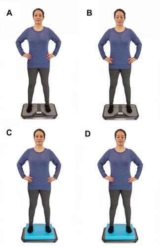 Figure 2 The four testing trial conditions utilized in the BTrackS mCTSIB protocol. Each trial requires individuals to stand as still as possible on the BTrackS Balance Plate with feet shoulder width and hands on hips. Trial 1 ((A) Standard condition) is performed with eyes open while standing on the firm plate surface. Trial 2 ((B) Proprioceptive condition) is performed with eyes closed while standing on the firm plate surface. Trial 3 ((C) Vision condition) and trial 4 ((D) Vestibular condition) with eyes open and closed, respectively, while standing on a compliant foam cushion. The individual depicted in this figure was not a study participant and gave informed consent for use of her likeness.