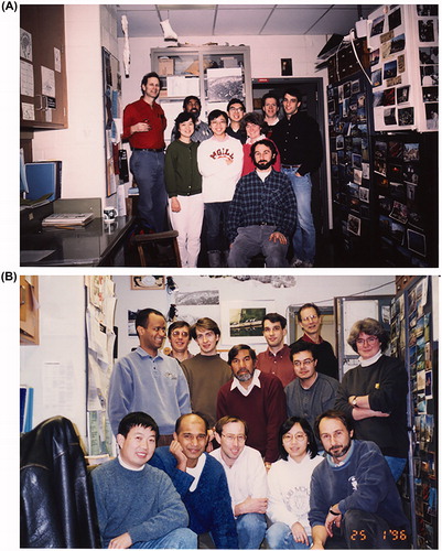 Figure 8. Atwood lab group photos from 1991 and 1996. (A), Back row – Harold Atwood, Leo Marin, Peter Nguyen, and Chris Harrington. Front row – Rong Luo, Sabrina Wang, Marianne Hegström-Wojtowicz, Martin Wojtowicz, and Bryan Stewart. (B) Back row – Mussie Msghina, Andrius Baskys, Donald Elrick, Leo Marin, Bryan Stewart, Harold Atwood, Brian Scott, and Marianne Hegström-Wojtowicz. Front row – You Ming Lou, Shanker Karunanithi, Robin Cooper, Sabrina Wang and Martin Wojtowicz.
