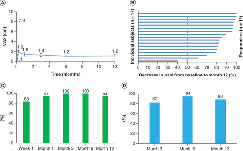 Figure 2. Pain intensity, assessed by VAS, over time. (A) Mean VAS declined immediately upon initiation of trial stimulation and remained low through the end of the study at 12 months. (B) All but one of the subjects were responders, with ≥50% pain relief, after 12 months of stimulation. (C) Responder rates at 3-, 6- and 12-month assessments. (D) Remitter rates (VAS ≤2.5 cm) at 3, 6 and 12 months.VAS: Visual analog scale.
