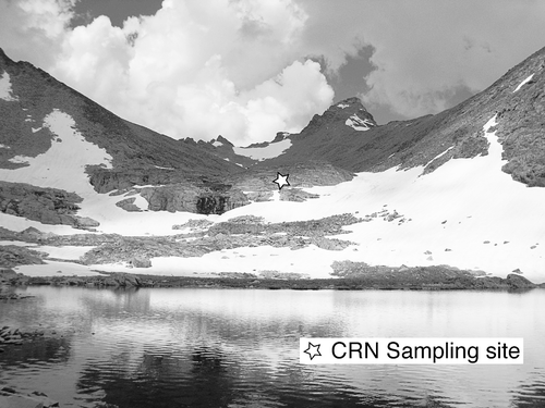 FIGURE 11 View from edge of Green Lake 5, showing massive bedrock band from which sample GLV2 was chiseled. Arikaree Peak in background. Photo by M. Dühnforth.