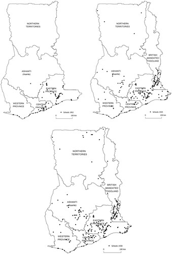 Figure 2. Geographical location of schools in colonial Ghana, 1902, 1925, and 1938. Source: Cogneau and Moradi (Citation2014).