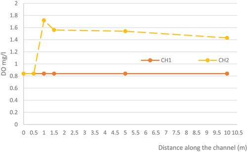 Figure 3. Average DO concentrations along the two channels.