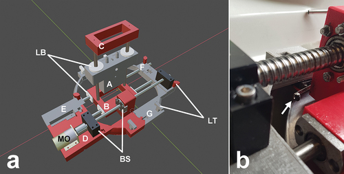 Figure 4. (a) The schematic of the sample holder construct with various parts labelled (A–G). Red line represents X-axis. Yellow line represents Y axis. BS, ball screw mechanism; LB, linear ball bearings (LMF10LUU and LMF12LUU); LT, L and T shaped handles; MO, electric motor. (b) The position of one of the 3-terminal micro-switches underneath part G. The switch activates when the vertical arm of part B comes into contact with it immediately leading to a reversal of the direction of planar sliding.