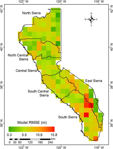 Figure 8. RMSE of the estimated forest tree height with respect to that calculated from GLAS shots in 0.25° cells.