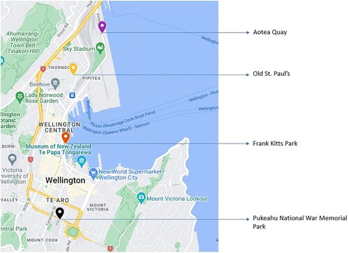 Map 1. Map of the waterfront in Wellington, New Zealand. Google Inc, 2023. Waterfront in Wellington. Google My Maps. https://www.google.com/maps/d/u/0/viewer?mid=yo82rhZA3nT_-59EtbymfQXbhBjHFnY&hl=en&ll=-41.284131241617864%2C174.78195965&z=14Screenshot by A. Hepworth.