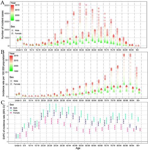 Figure 2 Temporal trends in kidney cancer burden from 1990 to 2019 in China. The number of incident cases (A), incidence rate (B) of kidney cancer by age and sex, from 1990 to 2019 in China; EAPC of incidence rate (C) of kidney cancer by age and sex in 2019 in China. EAPC, estimated annual percentage change.