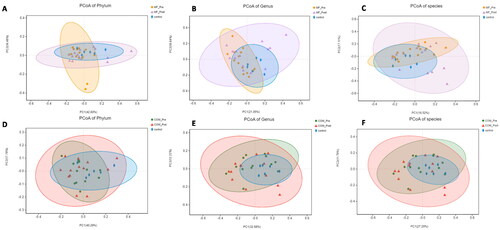 Figure 4. Principal-component-analysis (PCoA) score plots for participants with obesity with PCOS and healthy people. A: PCoA score plots at the phylum level before and after 12-week intervention in the MF and control group; B: PCoA score plots at the genus level before and after 12-week intervention in the MF and control group; C: PCoA score plots at the species level before and after 12-week intervention in the MF and control group; D: PCoA score plots at the phylum level before and after 12-week intervention in the COM and control group; E: PCoA score plots at the genus level before and after 12-week intervention in the COM and control group; F: PCoA score plots at the species level before and after 12-week intervention in the MF and control group.