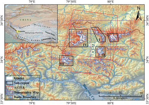 FIGURE 1. Sketch map of the study area. Glacier outlines were based on the Chinese Glacier Inventory of 2009 (CitationWei et al., 2014). Subregions are indicated as I, II, III, and IV.
