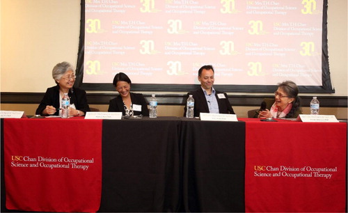 Figure 3. USC Chan PhD Program alumni Dr. Jin-Ling Lo, Dr. Melissa Park, Dr. Eric Asaba, and Dr. Etsuko Odawara share their reflections on their experiences in occupational science at USC and abroad during the 2019 USC Chan Occupational Science Symposium. (Photo credit: Glenn Marzano)