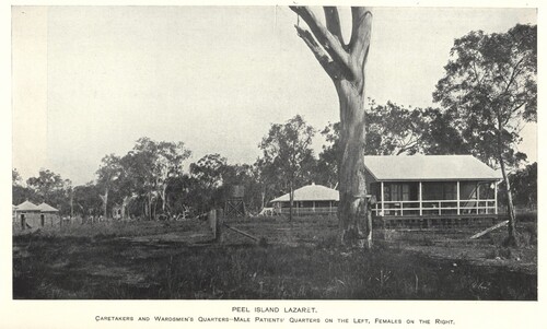 Figure 19. Hospital quarters and administrative buildings at the Peel Island lazaret, showing huts for white male patients to the left of the image, and wire fences used to separate patients from staff and facilities, c.1910, courtesy of John Oxley Library, State Library of Queensland, APE-45