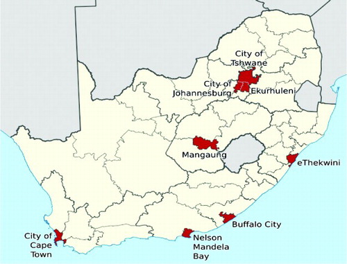 Figure 1: Map of South Africa showing the eight metropolitan municipalities
