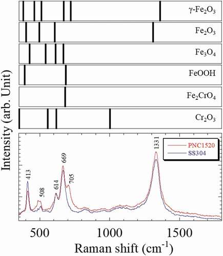Figure 8. Raman spectra of 24 h oxidized PNC1520 and SS304 specimens. The Fe-oxide, Fe-hydroxide, and Cr-oxide Raman bands are indicated in this figure as reference data.
