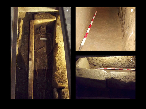 Figure 3. Tombs at the necropolis of San Bartolomé de Rebordáns, Tui, Pontevedra. A = remains of individual NSBR16-IND6, which was the most completed and well preserved; B = interior tomb individual NSBR16-IND4; C = interior tomb individual NSBR16-IND5.