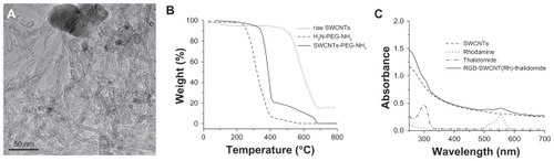 Figure 2 (A) Transmission electron microscopy images of pristine SWCNT; (B) thermogravimetric analysis curves of H2N-PEG-NH2 (dashed line), raw SWCNT (dotted line), and SWCNT-PEG-NH2 (solid line) under air which show the sequential loss of H2N-PEG-NH2 and SWCNT; (C) ultraviolet-visible absorbance spectra of PEGylated SWCNT, Rh, thalidomide, and RGD-SWCNT(Rh)-thalidomide conjugate 6 in H2O. The absorbance peak of thalidomide at 299 nm was used to measure the thalidomide loading on carbon nanotubes.Abbreviations: RGD, cyclic arginine-glycine-aspartic peptide; SWCNT, single-walled carbon nanotubes; Rh, rhodamine; PEG, polyethylene glycol.