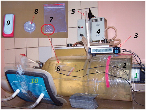 Figure 4. Experimental set-up for evaluation of the temperature increase at the surface of the phantom when TLDs are placed between bolus and phantom with stabiliser of power supplies (1), elliptical phantom (40 × 30 × 20 cm) with 1% NaCl solution (2), electronic thermometer (3), thermostat (4), mercury thermometer for measurement of the temperature of the phantom (5), thermocouples for measurement of the surface temperature of the phantom (6), flexible cassette with TLDs (7), MEPhI cassette (7 × 26 mm) with 5 TLDs (8), commercial cassette (60 × 24 × 12 mm) with three TLDs (9), and applicator (10).