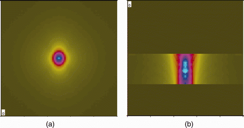 Figure 2. The modeling result of normal beam sound field focused at middle of tube thickness. (a) C-scan image. (b) B-scan image.