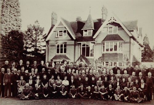 Figure 9. Wartime Evacuation: Loewy Engineering staff outside Branksome Grange, Poole, in 1941 (Dorset History Centre, D-2636/2/170). Over a fifth of the 86 staff here are women.