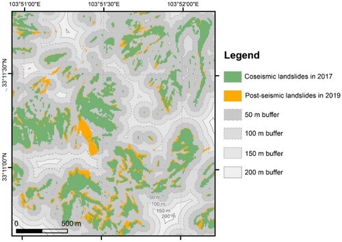 Figure 4. Example of 2017–2019 post-seismic landslides distribution buffer analysis.