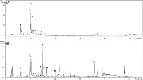 Figure 1. Chromatograms of the analysis of Sphagneticola trilobata extracts, with detection at 280 nm (A) and ESIMS (negative mode) (B).