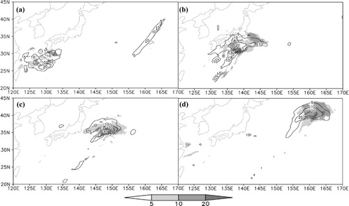 Fig. 3 Three-hour precipitation of the explosive cyclone (units: mm), where shaded areas represent the 3 hours precipitation from ‘3B42’ and the solid line is simulated 3 hours rainfall (units: mm): (a) 1200 UTC 28 December 2004; (b) 0000 UTC 29 December 2004; (c) 1200 UTC 29 December 2004; and (d) 0000 UTC 30 December 2004.
