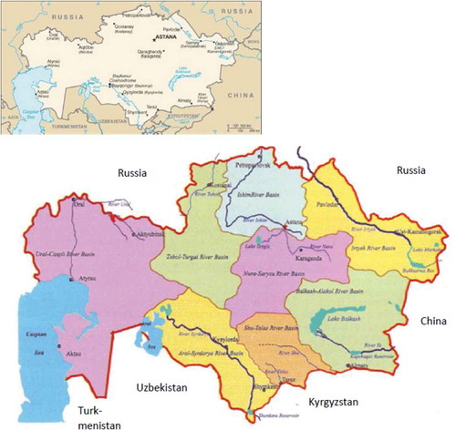 Figure 1. Kazakhstan in Central Asia, showing the eight main water basins (after UNDP Citation2016, Wikipedia Citation2016).