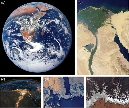 Fig. 1 Pictorial illustration of the domain of hydrology using photographs taken from space and made available by NASA. In clockwise order, starting from top left: (a) view of the Earth and its water in the form of oceans, ice in Antarctica and clouds (a classic photograph known as the “Blue Marble” of the Earth taken by the Apollo 17 crew travelling toward the moon on 7 December 1972); (b) the northern portion of the Nile River; (c) the Nile River Delta and the Mediterranean at night; (d) the Aswan High Dam on the Nile; (e) the Lake Nasser in Egypt, upstream of the dam. All photographs are copied from earthobservatory.nasa.gov/IOTD/view.php?id=xxxx, where xxxx = 1133, 1234, 46820, 2416 and 5988 for (a)–(e), respectively.