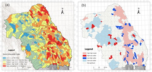 Figure 8. Spatial distribution of the social vulnerability index (a) and associated clusters (b).