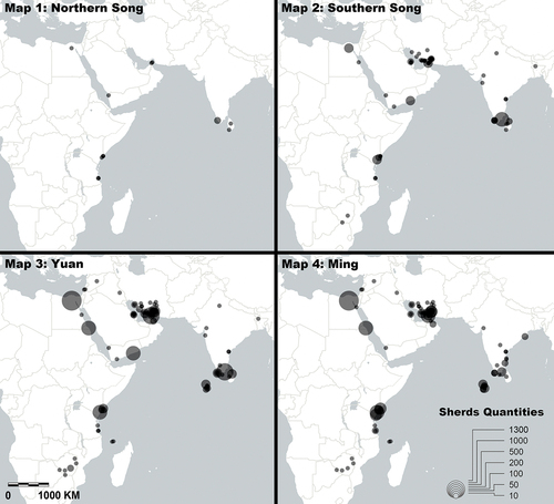 Figure 8. Distribution of Longquan celadon in the western Indian Ocean, Northern Song to Ming Dynasties (based on Table 2).