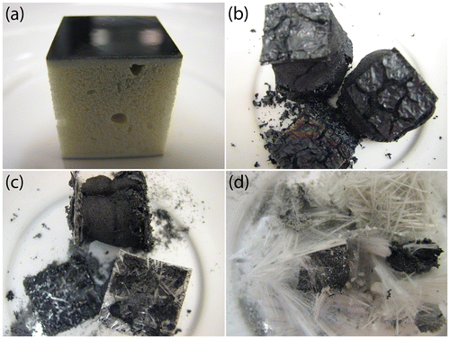 Figure 3 Appearance of sandwich structure composted of GF/polyester laminates and PU core: (a) before thermolysis, (b) after thermolysis at 340 °C for 24 h, (c) after thermolysis at 360 °C for 24 h, and (d) after thermolysis at 380 °C for 24 h.