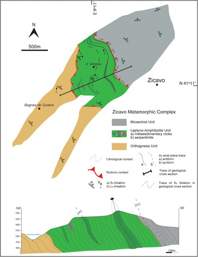 Figure 2. Simplified geological map of the Zicavo Metamorphic Complex showing the main units and the main structural features of the D2 phase (foliation, lineation, axial plane traces) with a NE-SW geological cross section drawn perpendicular to the main structures.