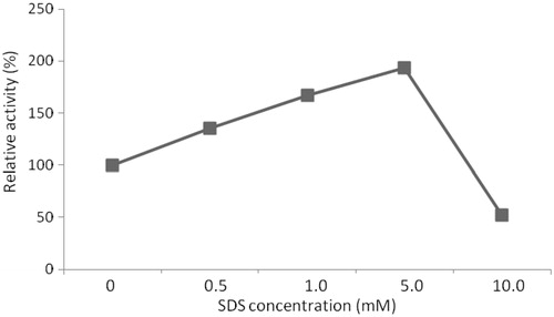 Figure 9. Effect of SDS concentration on relative activity of protease (the activity in the absence of SDS, referred to 100% relative activity).