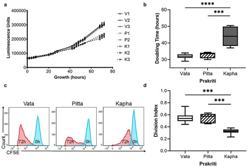 Figure 1. Prakriti-specific growth differences in LCLs. (a) RealTime-Glo™ growth curves of LCLs. (b) Doubling times of the Kapha (K) to be significantly lower than Vata (V) and Pitta (P). Growth curves and box plots from biological and technical replicates [N = 3 (Vata and Kapha) and N = 2 (Pitta), n = 3, error bars denote ±SEM, unpaired t-test, ****p < 0.00001, ***p < 0.0001)]. (c) CFSE assay shows Kapha cell population dividing slower than Vata and Pitta (representative images of flow cytometry). (d) DI of Kapha is significantly lower than Vata and Pitta. Box plot from analysis of biological and technical replicates [N = 3 (Vata and Kapha) and N = 2 (Pitta), n = 3, error bars denote ±SEM, unpaired t-test, ***p < 0.0001)]