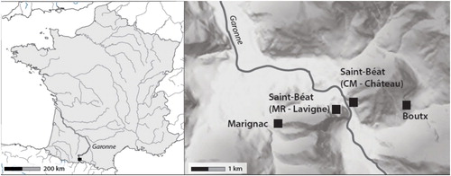 Figure 1. Location of the marble quarries in the district of Saint-Béat (Département Haute Garonne, Région Occitanie, France). Left: the black insert localizes the district of interest; Right: expansion of the geographical area.